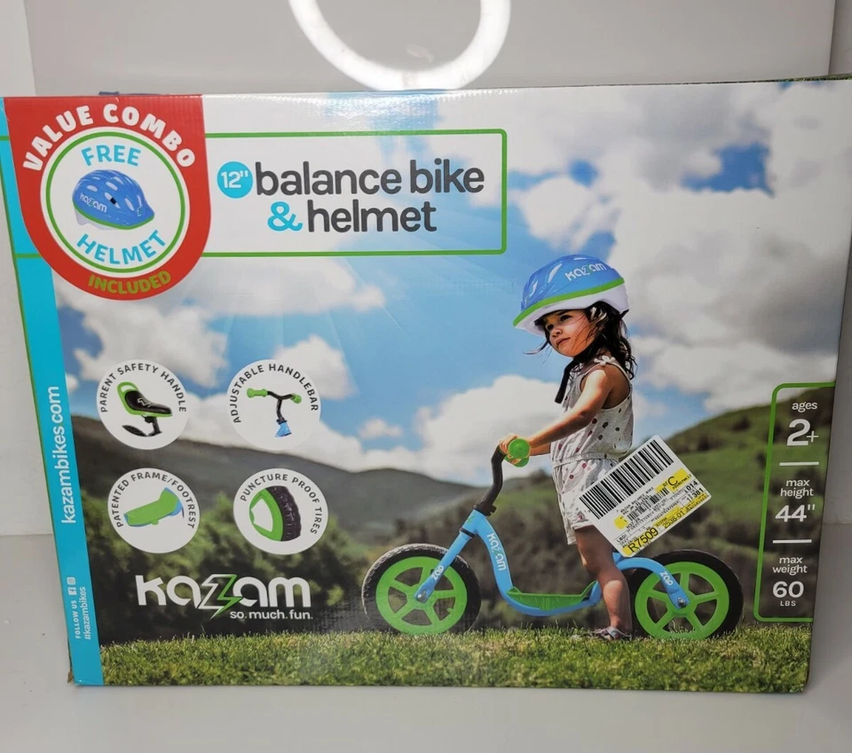 Kazam Blue & Green Child's Balance Bike Bicycle and Safety Helmet - Image 2 of 2