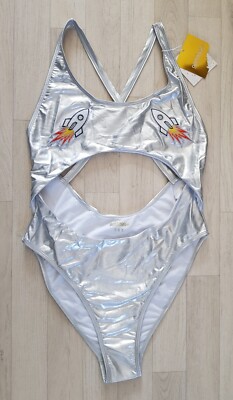 GOLDDIGGA size 14 cut out IREDESENT  ROCKET SWIMSUIT holiday HOLOGRAPHIC ladies