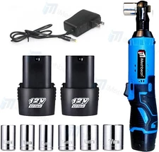 Electric Cordless Ratchet 3/8" Right Angle Wrench Impact Power Tool + 2 Battery