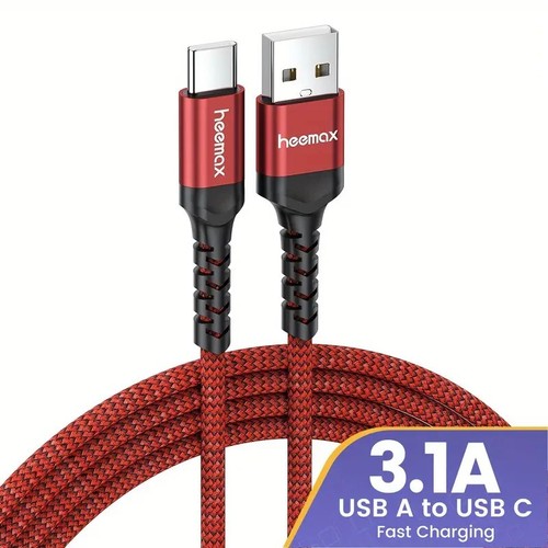 3.1A Max, Fast Charging USB-A to USB-C 1m Charger Cable, Nylon Braided- Red - Picture 5 of 7