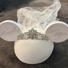 Disney Parks Bridal Mickey Mouse Ear Hat with Veil and Tiara Adult Size One Size