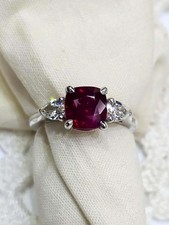 GIA 2.45ct Pigeon Blood Ruby Diamond Ring Platinum Cushion Cut Three Stone