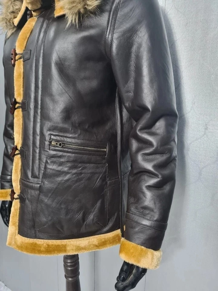 Men's B7 Hooded Real Sheepskin Coat Men Aviator Shearling Leather Coat Jacket - Image 2 of 4