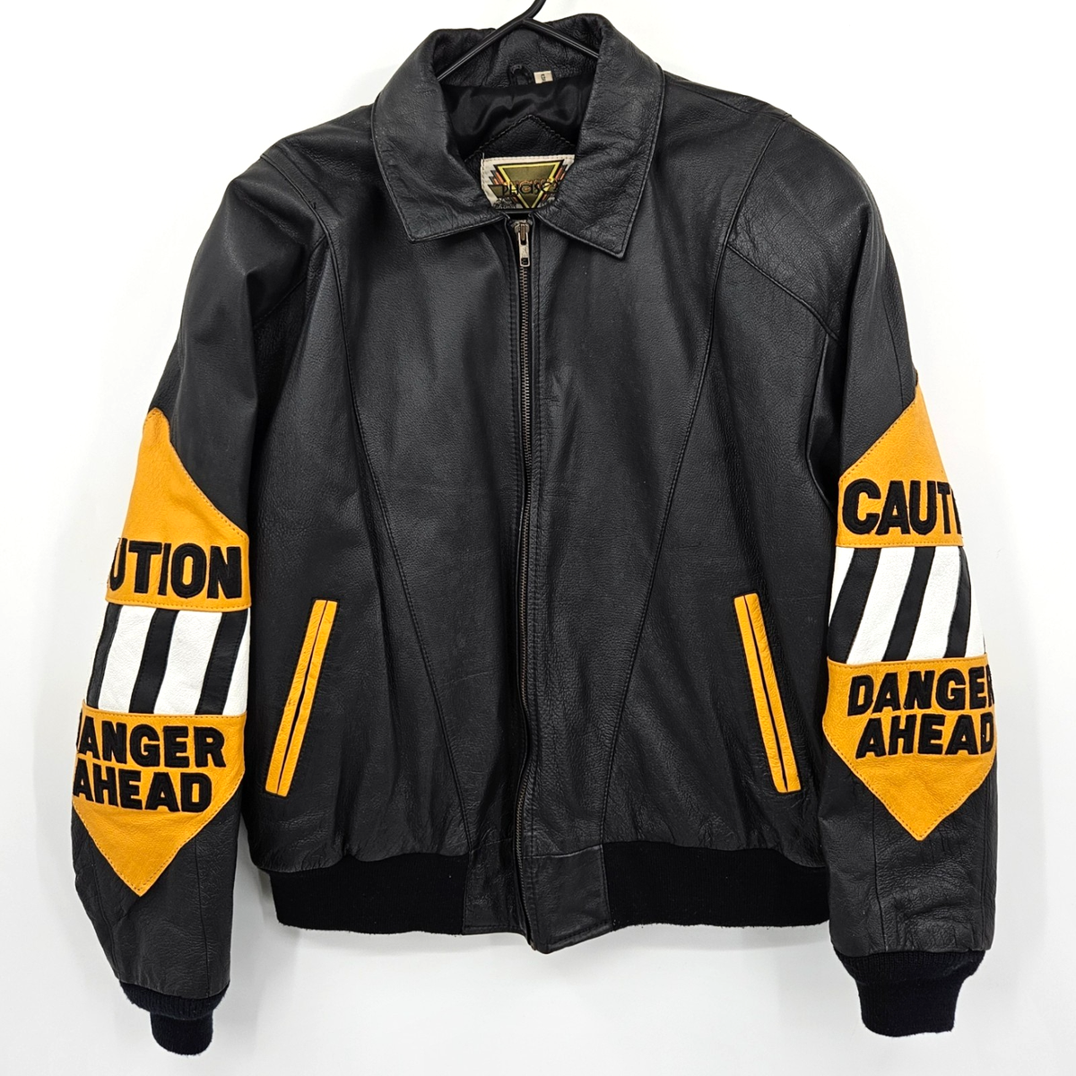 Vintage 80s Phase 2 Caution Danger Ahead Patchwork Leather Bomber