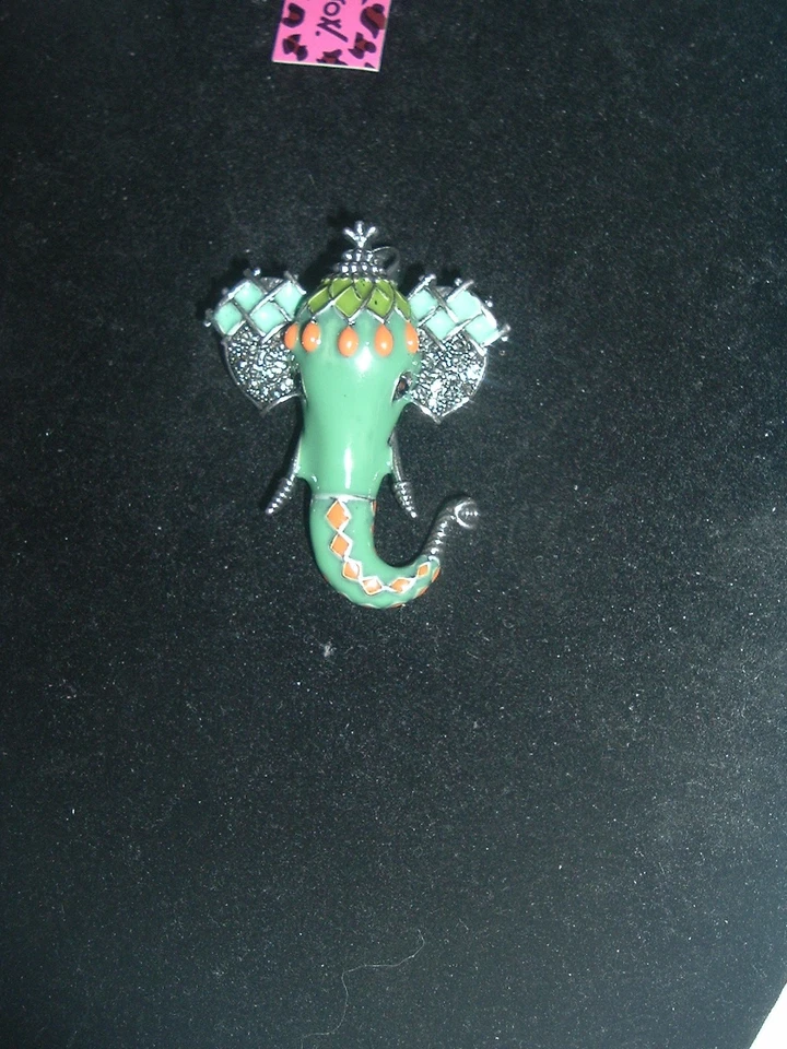Broche prendedor Betsey Johnson plata verde esmalte multicolor elefante plata Foto 2 de 4