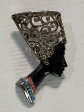 Vintage Egyptian Queen Black Enamel W/ Coral & Turquoise Beaded Brooch