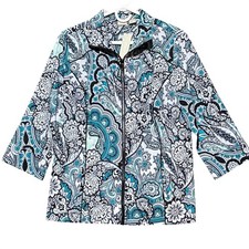 Chicos Zenergy Paisley Print Jacket Algiers Blue Size 2/US L Full Zip 3/4 Sleeve