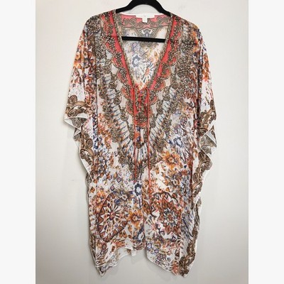 Boston Proper S/M Kaftan Cover Up Multicolor Embellished Boho Chic Sheer Pool