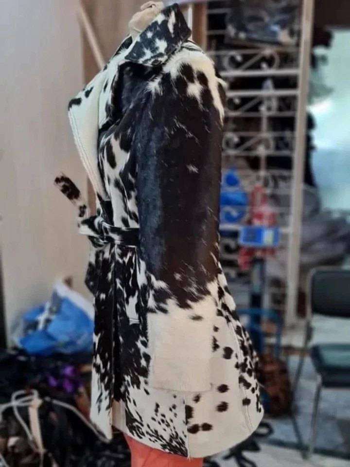 New Genuine Cowhide Leather Thigh Long Coat Natural Hair-On Cow Skin Jacket Coat - Image 2 of 4