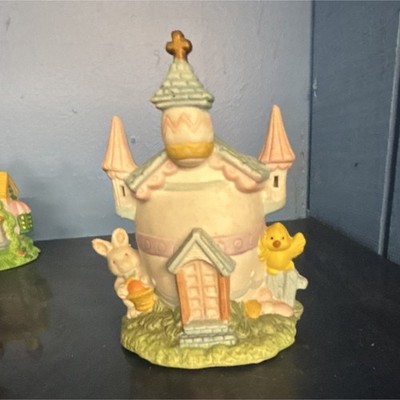 Ceramic Hand Painted Easter Village House with Rabbit and Duck, Pastel Colors