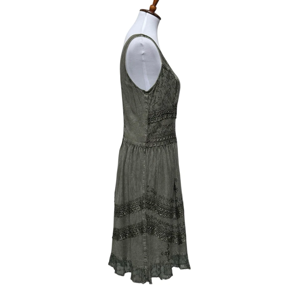 Sacred Threads Boho Embroidered Art Festival Midi Dress Olive Lace Trim L/XL - Image 4 of 4