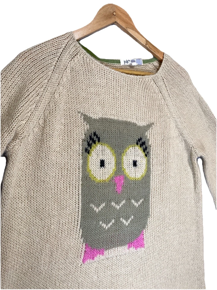 Jolt Owl 毛衣女式 L 象牙色 棕褐色 鸟 新颖 自然 波西米亚 复古 — 第 3/4 张图片