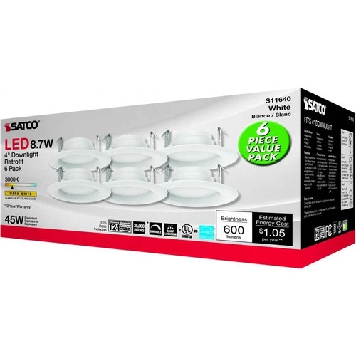 6Pk - Satco 8.7w LED 4-in 3000K Warm White Downlight Retrofit - Picture 4 of 7