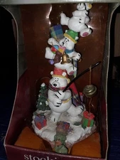 Vtg 3 Stacked Polar Bears Fishing w Bells 9" Christmas Stocking Holder  Dept 18