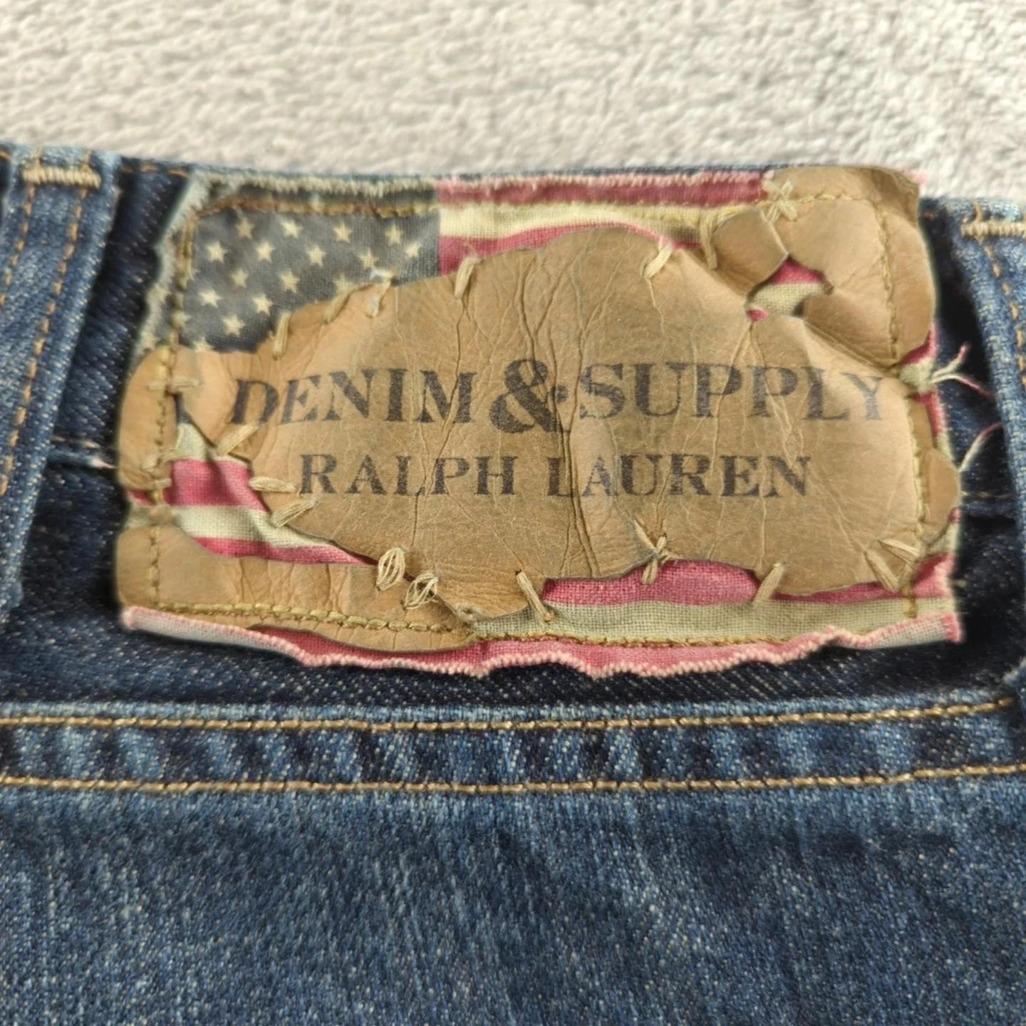Denim & Supply Ralph Lauren Jeans Mens 38x32 Straight Distressed USA Flag Patch