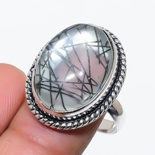 Black Rutile Gemstone Handmade 925 Sterling Silver Jewelry Ring Size 8.5 Y612