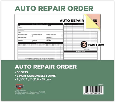 Auto Repair Order Forms, 3-Part, Carbonless, 50-Pack, White and Canary (074035)