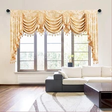 ELKCA Golden Jacquard Swag Waterfall Valance Luxury Curtain for Living Room,Rod