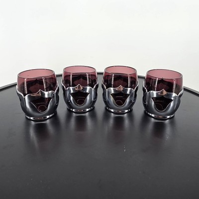 Vintage Amethyst Purple Glass Shot Glasses with Chrome Holders Set of 4 MCM