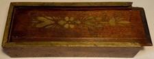 Vtg Hand Crafted Wood Pencil Box w/Slotted Sliding Lid; 8X3X2";Floral Design Lid