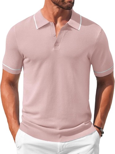Men's Crochet Knit Polo Shirt Short Sleeve Casual Button Down Golf Collared Top - Picture 11 of 30