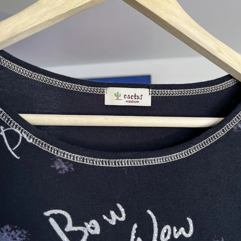 Camisa informal manga 3/4 para mujer mediana negra con lazo Wow gato perro amante Foto 4 de 4