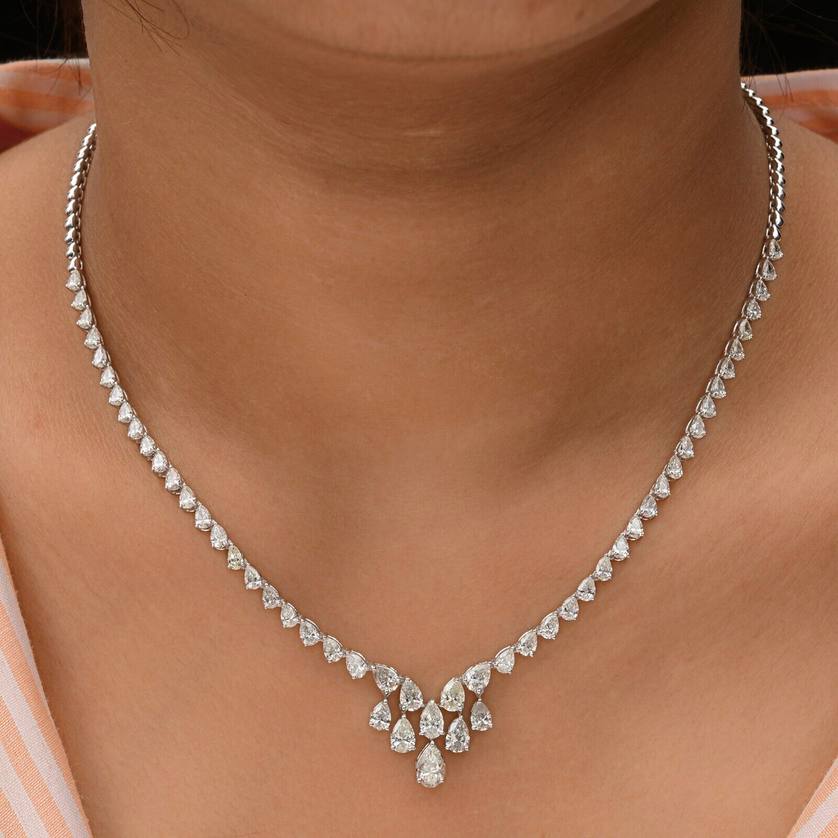 7.86 Ct Lab Grown CVD Tennis Diamond Drop Necklace 18k Solid White