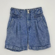Vintage Denim Shorts High Waisted Juniors Embellished Waistband Cuffs Acid Wash