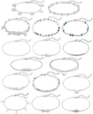 Softones 16Pcs Ankle Bracelets for Women Silver Two Style Chain Beach Ankle