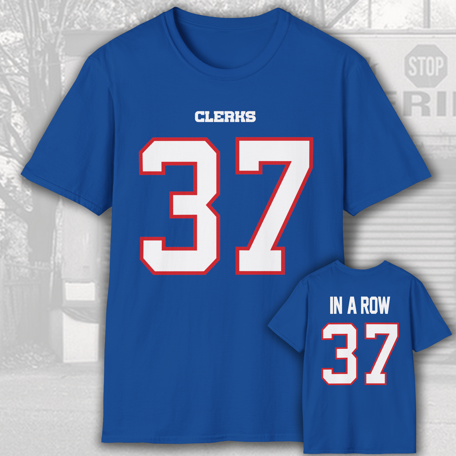 T shirt maglietta Clerks Buffalo Bills 37 in una fila unisex stile morbido