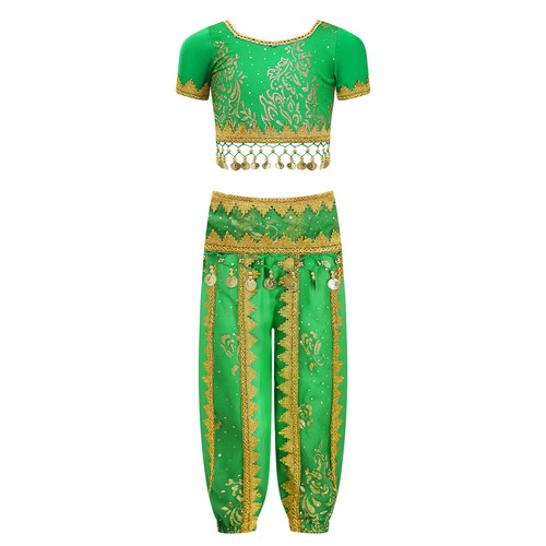 Kids Girls Set Shiny Costume Crop Top Outfit Mesh Hoodie Chain Pants Lace-Up - Picture 19 of 63