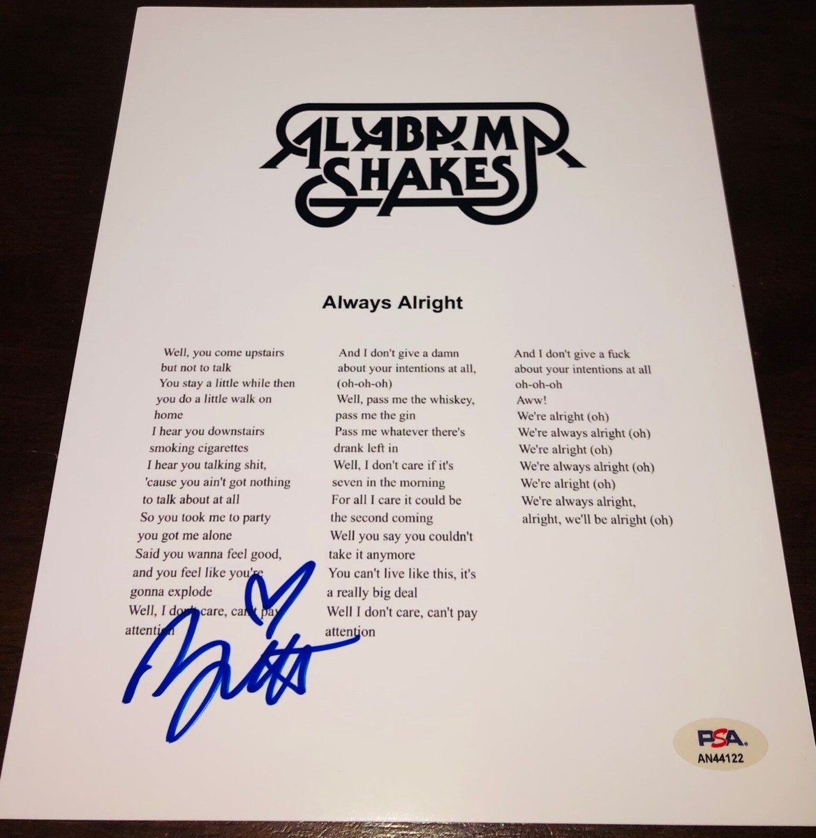 Brittany Howard Alabama Shakes Always Alright Signed Lyric Sheet PSA RARE A