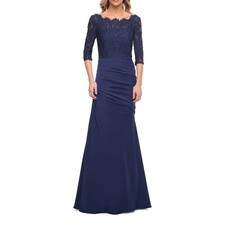 La Femme 24926 Sparkle Lace Bodice Trumpet Gown, Navy, 14