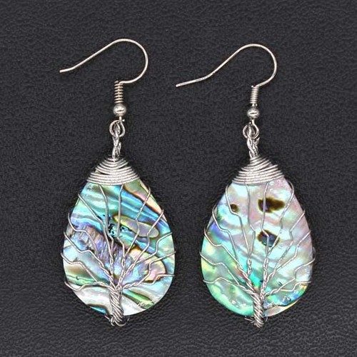 Natural Abalone Shell Wire Wrap Tree Of Life Dangle Hook Women's Shell Earrings - Picture 9 of 18