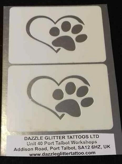 DAZZLE GLITTER TATTOOS 2 stencil per pittura viso cuore zampa cane riutilizzabili molte volte Crufts