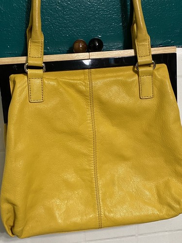 RARE Spade Bixby Kiss-Lock Yellow Leather Handbag Purse Wooden Closure - Picture 5 of 24