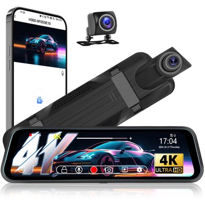 4K Mirror Dash Cam 9.66'' Rear View Mirror Front and Rear View Dual Cameras,Ni...