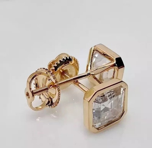 4Ct Asscher-Cut -Created Screw Back Bezel Stud Earring Solid REAL SILVER Yellow - Picture 2 of 6