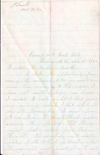 NOV 25 1862 CIVIL WAR LETTER CAMP 15th MASS VOL INF REG'T CAMP AT FALMOUTH VA