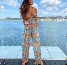 Zara Pant And Top Set Size Large Colorful Floral Pleated Lightweight Wide Leg