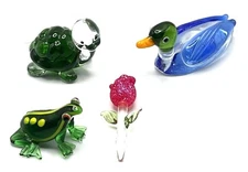 4 Mini Hand Blown Glass Art 1990’s Vtg. Frog/Duck/Rose/Turtle - Good Colors Nice