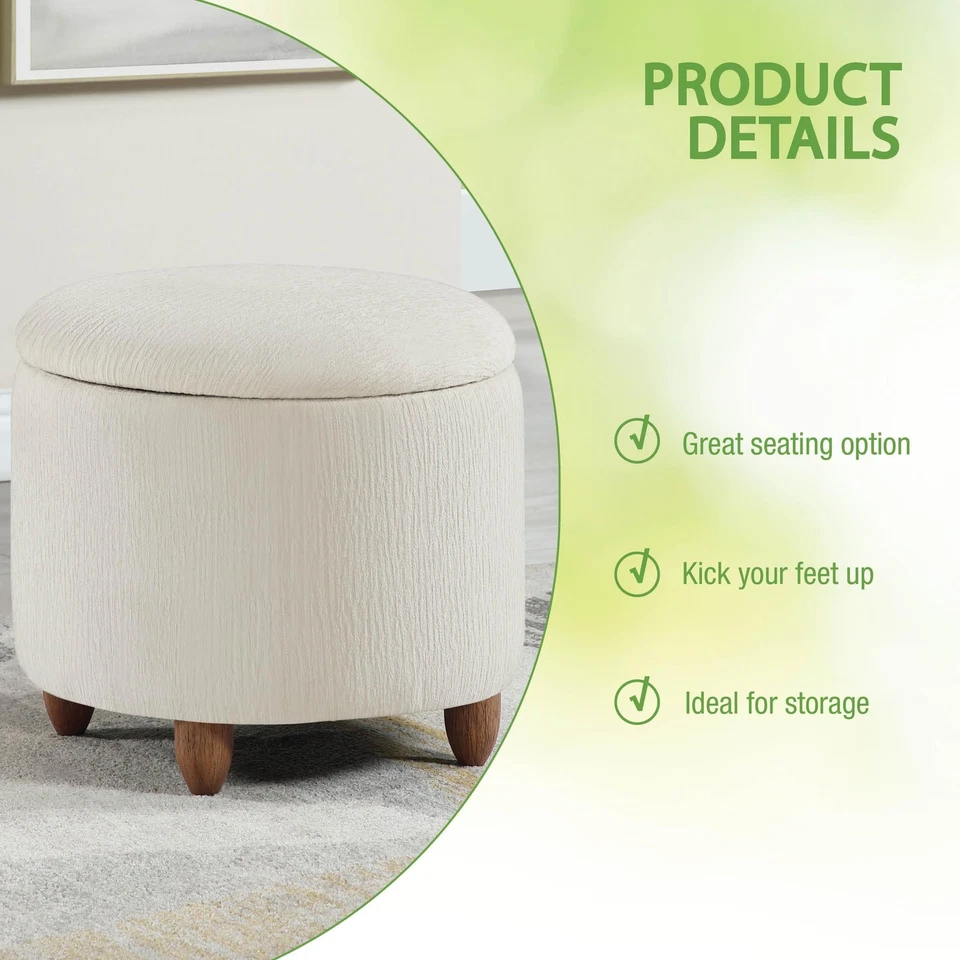 Otomana de almacenamiento redonda contemporánea Lyra con tapa despegable, tela blanca como la nieve Foto 4 de 4