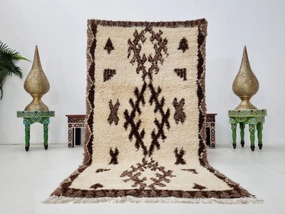 Moroccan Berber Beni Ourain Wool Rug Color Brown Handmade Design Area Carpet Rug