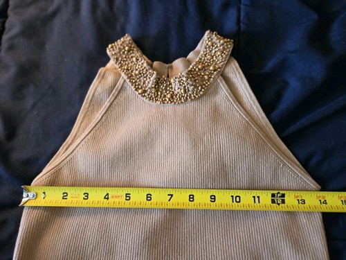 TRACY M TAN STRETCHY RIBBED COTTON KNIT BEADED HALTER TOP LARGE - Picture 3 of 6