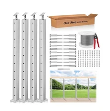 36" One-Stop Cable Railing Post Kits, 4Pack Brushed Finish Level Drilled Line...