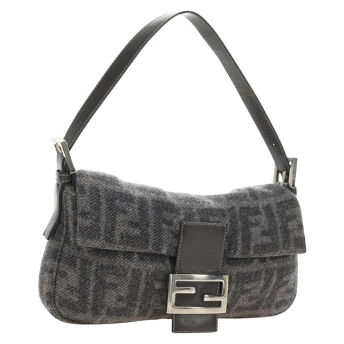 FENDI Zucca Canvas Mamma Baguette Shoulder Bag Wool Gray Silver Auth yk20376SAV