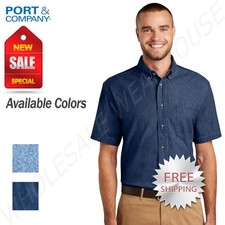 Port Company Mens Denim Shirt Short Sleeve Button Down Pocket Shirt SP11