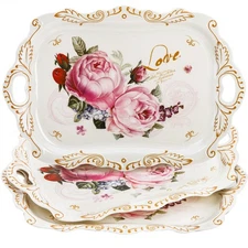 3-Pack Melamine Serving Tray Stackable Handles Floral Print 16x11 Inch Decor