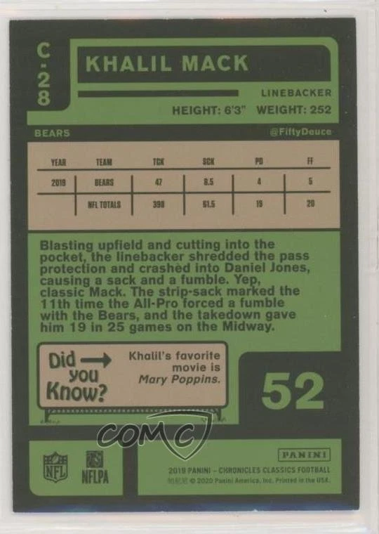 2019 Panini Chronicles Classics Blue /99 Khalil Mack #C-28 - Image 2 of 2