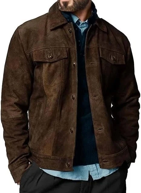 Men’s Suede Trucker Leather Jacket, Genuine Lambskin Shirt Collar Leather Coat